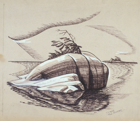 Yvonne McKague Housser (1898-1996), Georgian Bay Island, 1946, ink, gouache, graphite on paper, 30.2 x 35.4 cm, Firestone Collection of Canadian Art, Courtesy of the artist’s estate.
