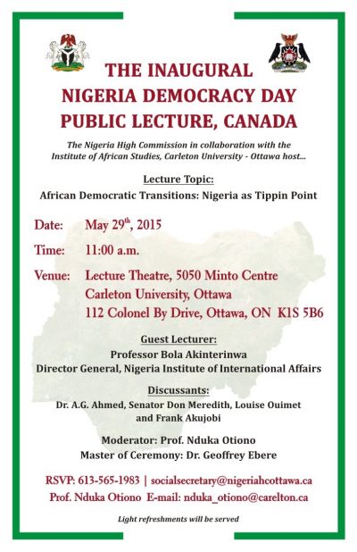 Carleton University (Inaugural Nigeria Democracy Day Public Lecture) poster
