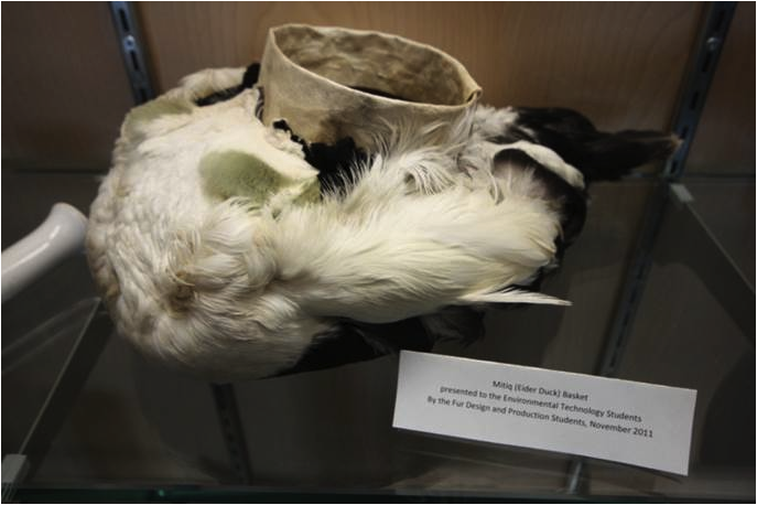 An eider skin basket made by the Fur Production and Design class at the Nunavut Arctic College in Iqaluit as part of their annual wildlife workshop.