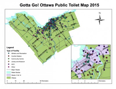 A map of current public toilets in Ottawa that Sarah Good helped create. Source: GottaGo!