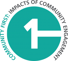 Community First: Impacts of Community Engagement turquoise logo with grey text.