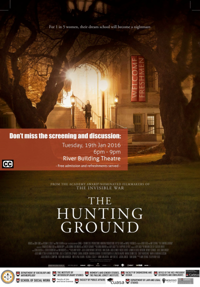 Poster advertising the documentary "The Hunting Ground" depicting a young woman walking into a university campus building.