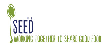 The Seed's logo, comprised of a green sprout and the slogan "working together to share good food".