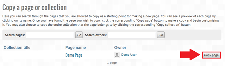 Screenshot of Copy a page or collection view