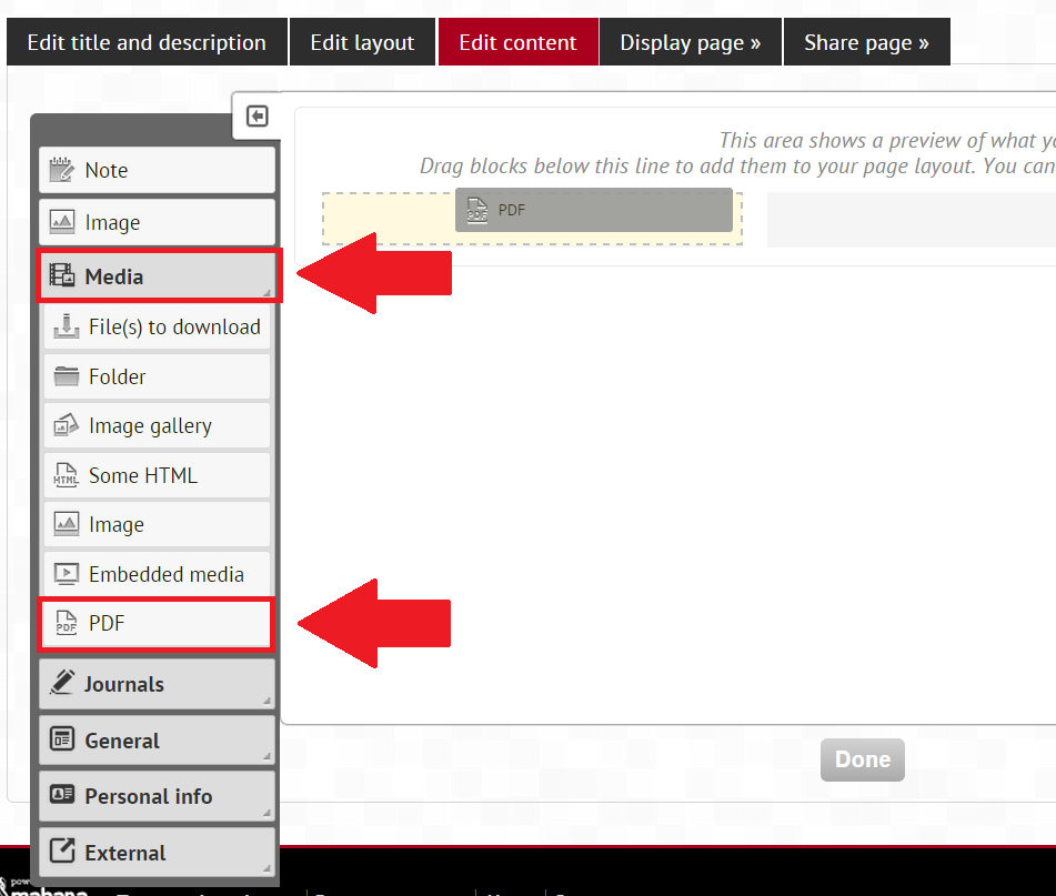 Screenshot of edit content view, adding pdf file