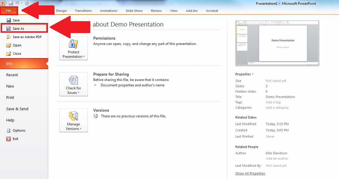 Screenshot of file menu in powerpoint