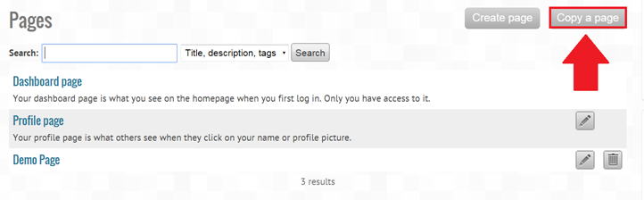 Screenshot of pages menu, copy a page button highlighted