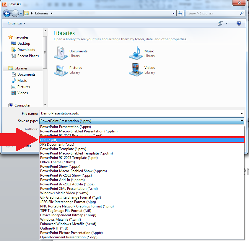 Screenshot of save as box, converting powerpoint into PDF