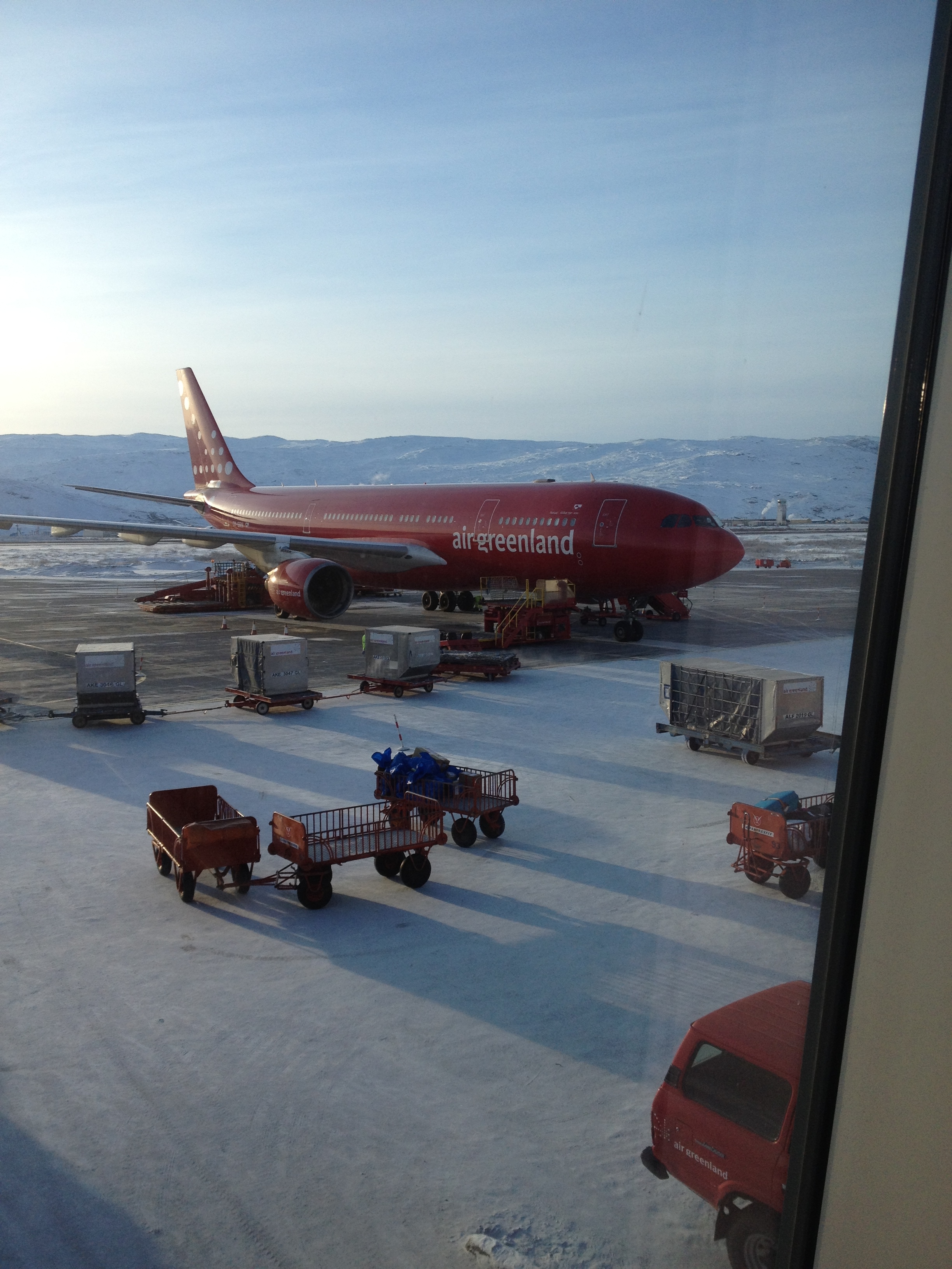 Air Greenland’s single jet airliner (an Airbus A330) on the tarmac at Kangerlussuaq airport.