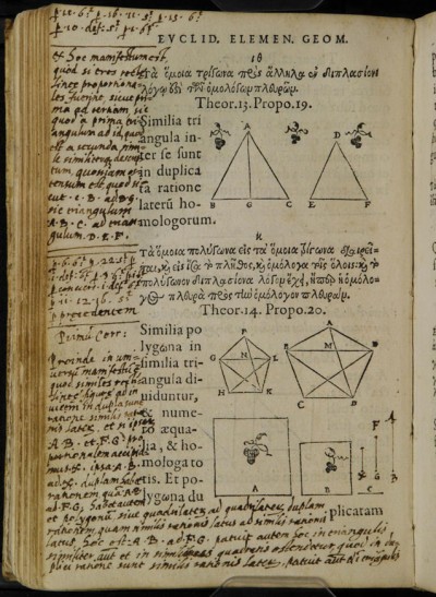 Euclid's Elements of Geometry, in the original Greek with a Latin translation. Printed 1558. Manuscript annotations by Galileo Galilei. Biblioteca Nazionale di Firenze. (Image used under Creative Commons 3.0 License).