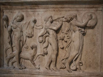 A Maenad and two Satyrs in Dionysiac procession. Roman, C.E. 100. British Museum, London.