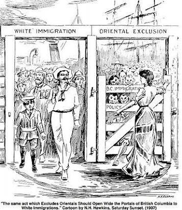 cartoon depicting the effects of a new act in 1907 that was expected to open the doors for white immigration to BC and close it for Oriental orientation