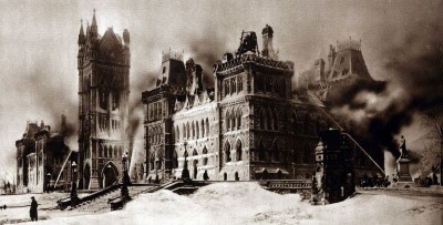 black and white picture of parliament after the fire