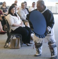 Inuk Elder David Serkoak performs a welcoming ceremony at the Carleton University Summer Institute on Aboriginal Research Ethics (photo: Chris Roussakis)
