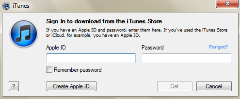 Dialog prompting for iTunes account, iCloud account, or AppleID