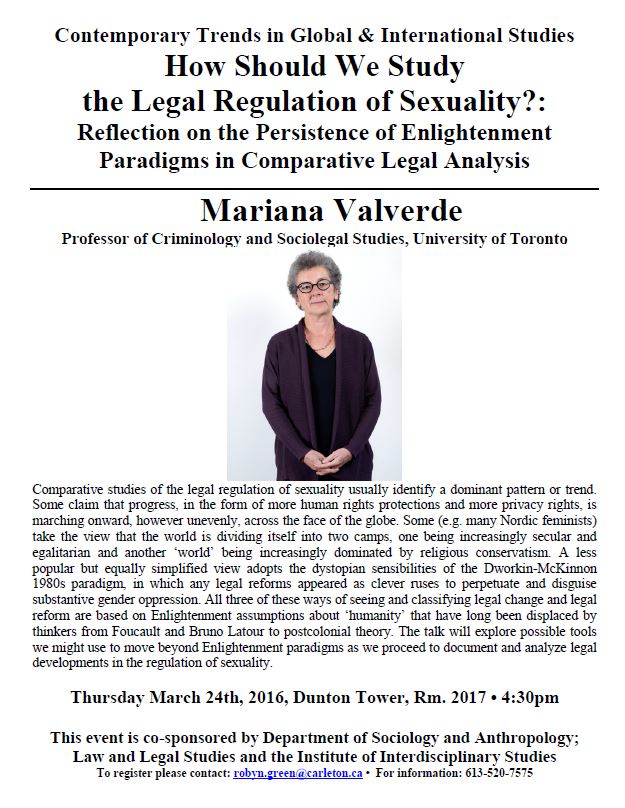 poster for Marianne Valverde's lecture