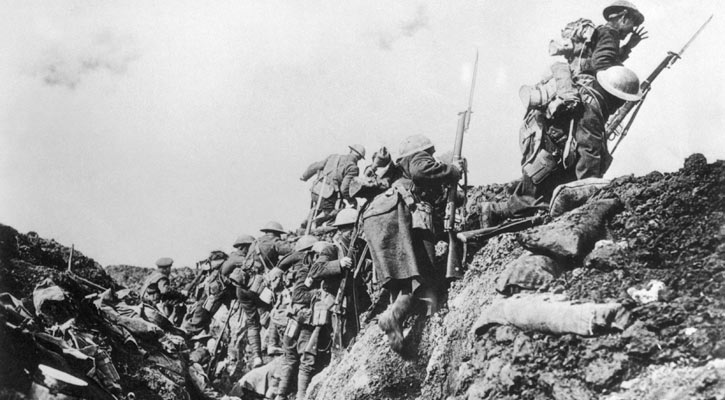A company of Canadian soldiers go "over the top" from a World War I trench.