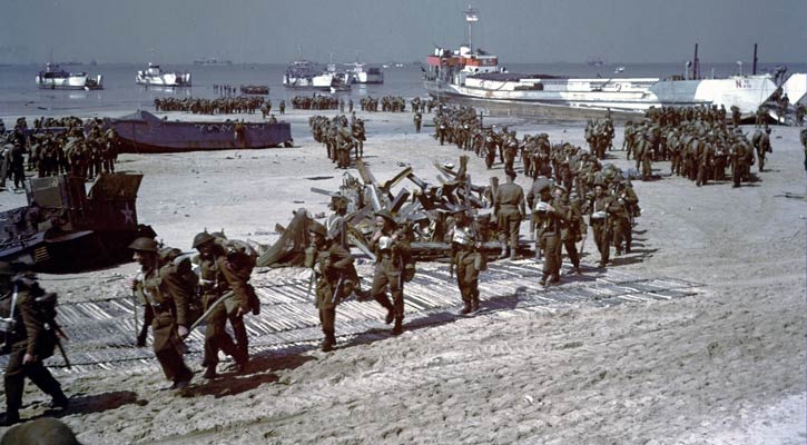 D-Day: Canadian soldiers disembarking on Juno Beach during the Battle of Normandy.