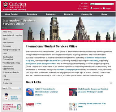 Image showing homepage of Carleton International Student Services Office