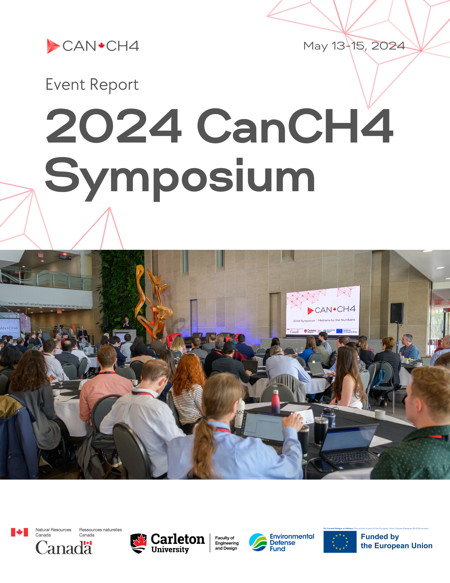 Poster for 2024 CanCH4 Symposium, May 13–15, showing attendees at round tables and sponsor logos on screen.