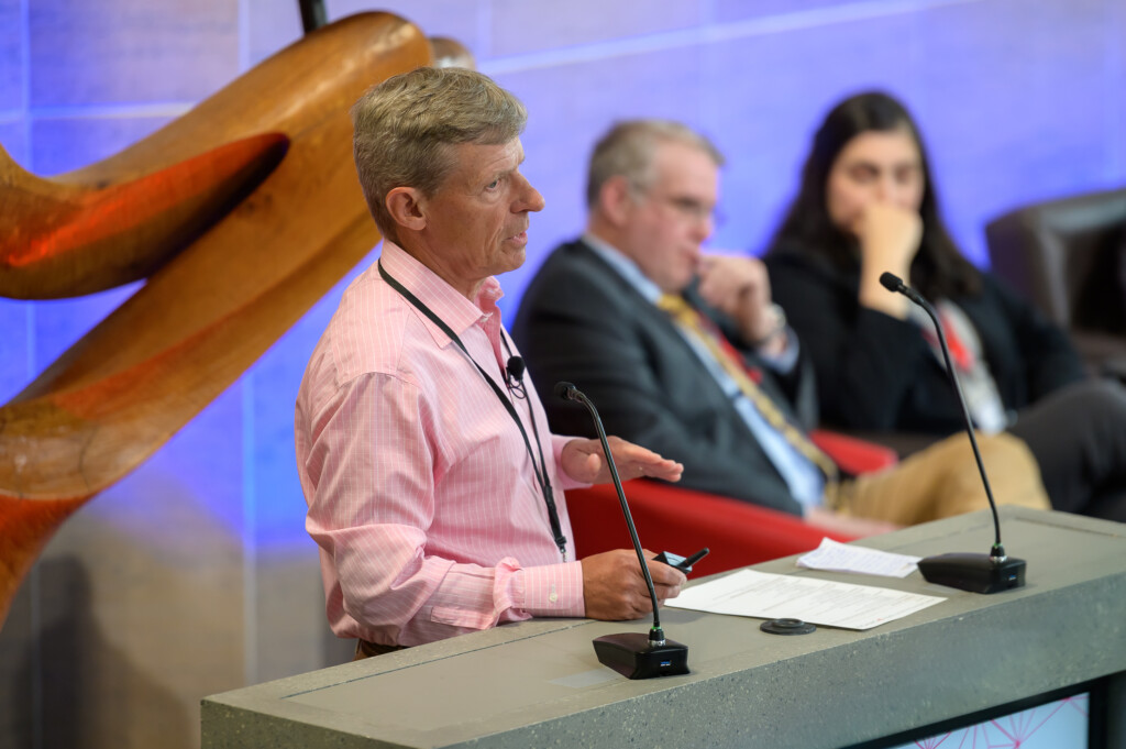 Hamish Adam discussing open path laser analyzers for CH₄ monitoring.