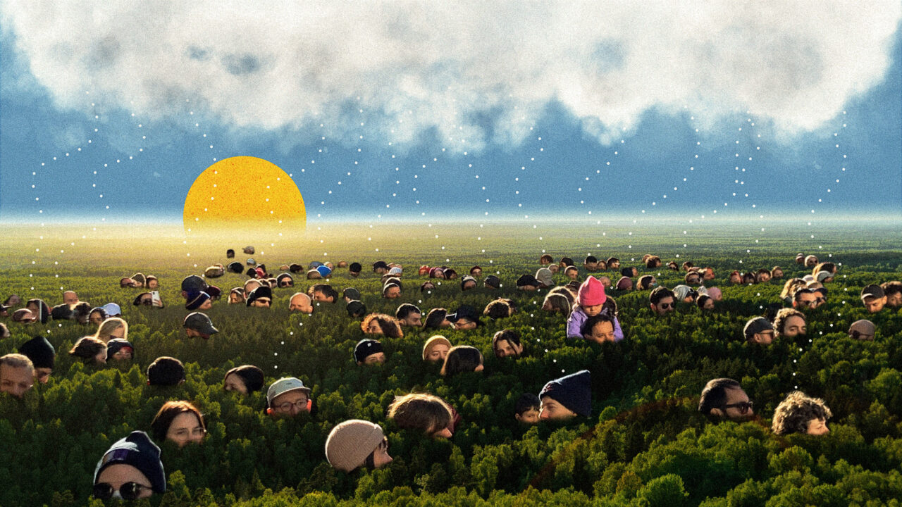 A field of people's heads embedded in trees. A sunset or sunrise is on the horizon. There is a blue sky behind it with clouds at the top of the image.