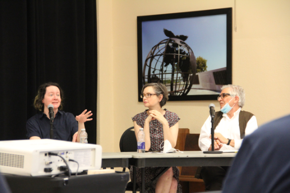 Three panelists discuss Small Modernisms Symposium.