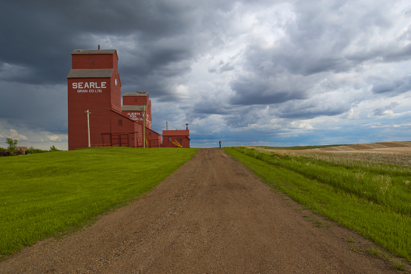 Grain elevators against big prairie sky.