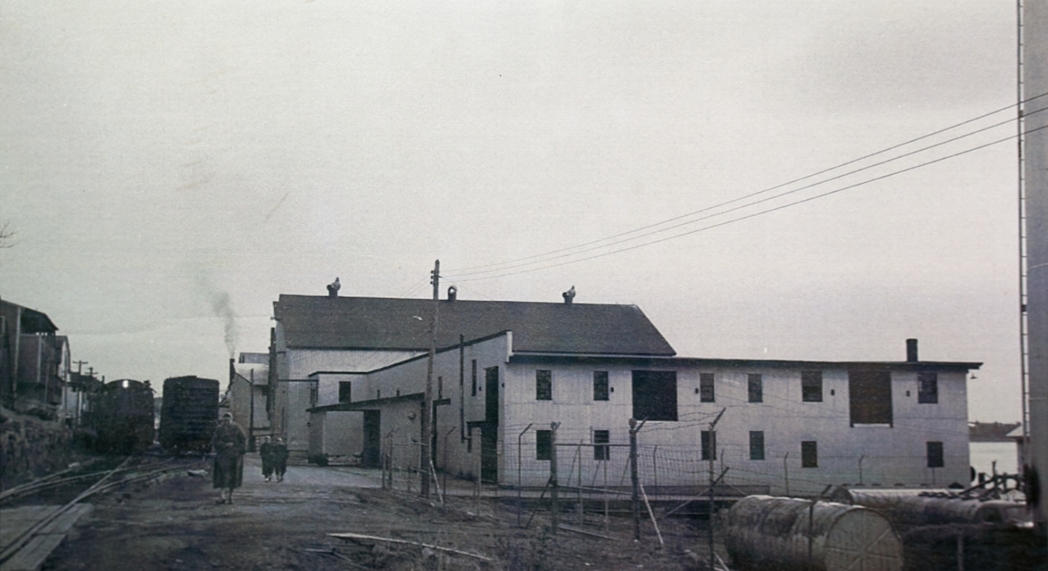 Archival photograph of a grouping of wooden industrial buildings by the edge of Lunenburg Harbour.