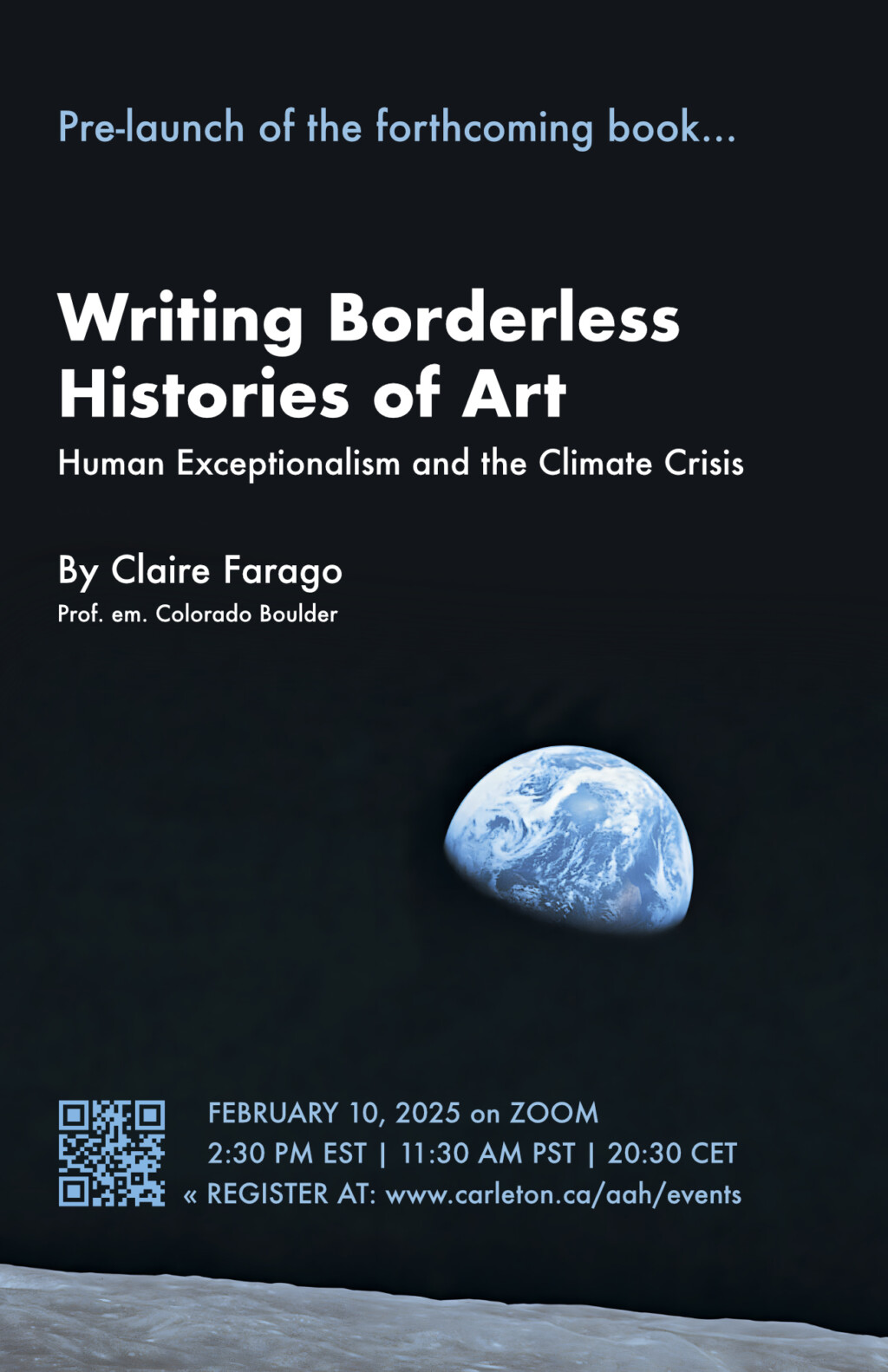 Poster for Claire Farago Event. Depicts Earth seen from space, with event details added.