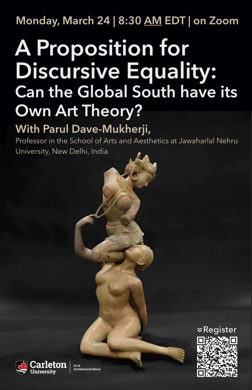 Event poster featuring a South Asian statue of two intertwined bodies.
