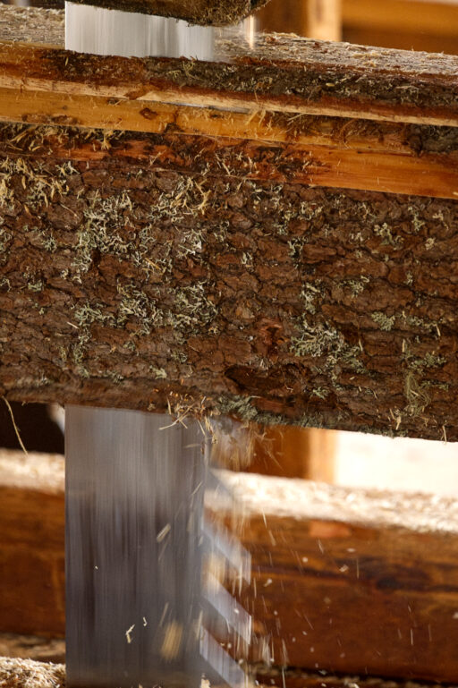 Close-up image of a huge metal saw blade with very deep serrations, slightly blured by the sawing motion.