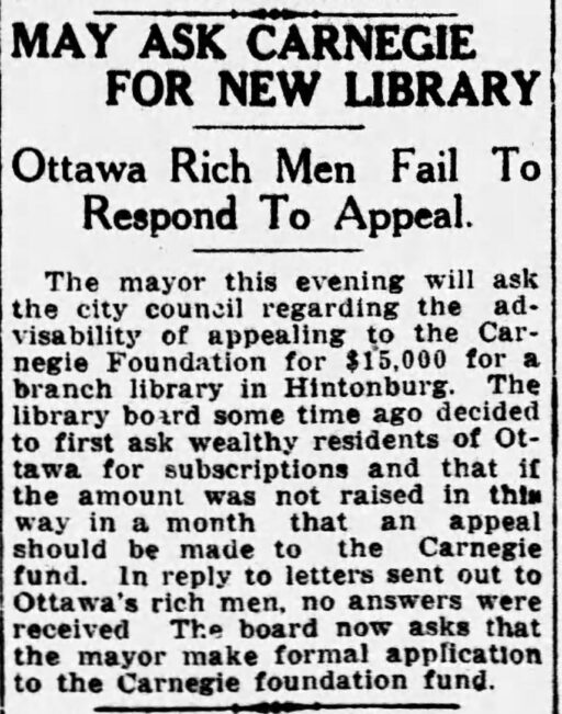 Facsimile of a newspaper article called “May Ask Carnegie For A New Library”.