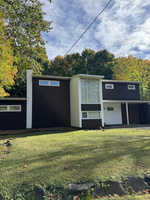 A striking modernist house with graphically strong planes of black and white.
