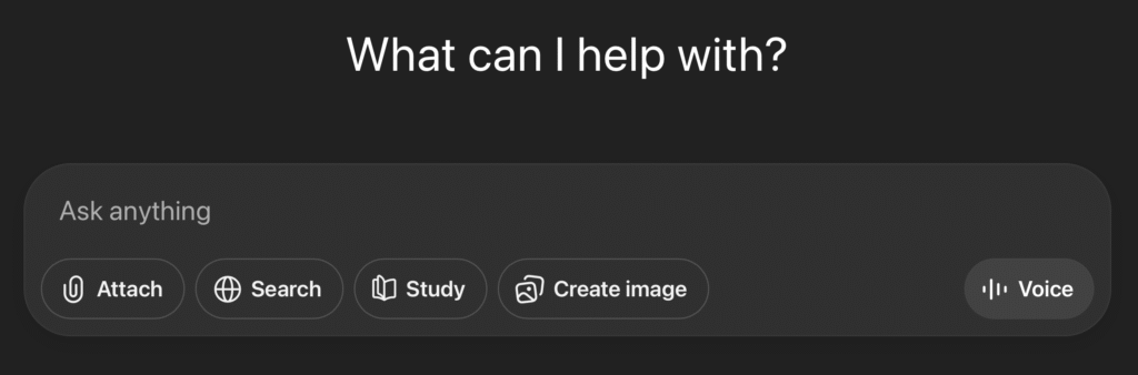 A screen grab of a window reading “What can I help with?”, and the prompt “Ask anything”.