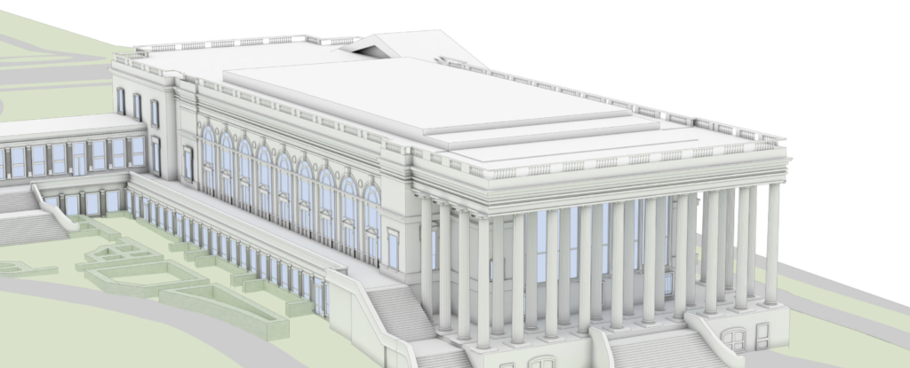 Drawing of what appears to be thecolonnaded entrance facade of a Classical building.