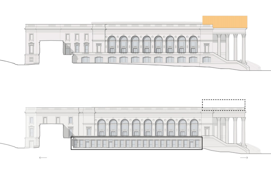 Two different versions of the elevation of a Classical building.