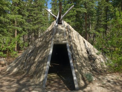 Pyramidal wooden structure in forest.