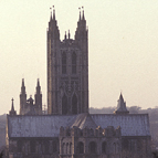 A distant Gothic Cathedral is framed by trees.