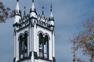 White wooden church tower.