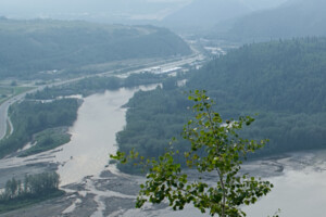 Two rivers converge, defining a lush point of green land