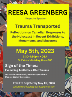 Poster for Reesa Greenberg's keynote talk "Trauma Transported"