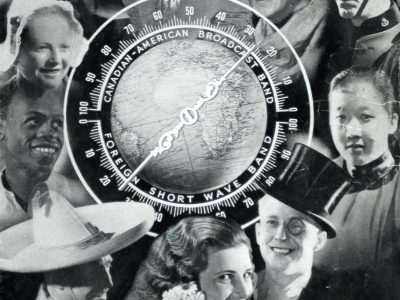 Black and white image of faces around a globe and radio dial