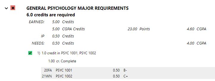 Image of student audit "major requirements" section.