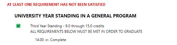 Image of message at the top of student audit indicating at least one requirement has not been satisfied.