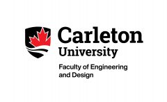 Carleton University Faculty of Engineering and Design logo. The organization's name is accompanied by the Carleton University logo icon of a red maple leaf and two white wave lines on a black shield.