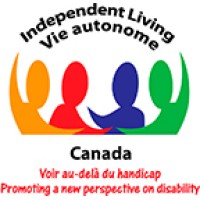 Independent Living Canada logo. The logo includes text that reads Independent Living Canada, Vie autonome Canada. In the middle of the text is an icon of a group of four multi-coloured avatars with their arms around each other. Additional text below the graphic reads Voir au-delà du handicap, Promoting a new perspective on disability.