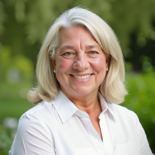Woman wearing a white collared dress shirt, with shoulder length blonde hair, smiling.