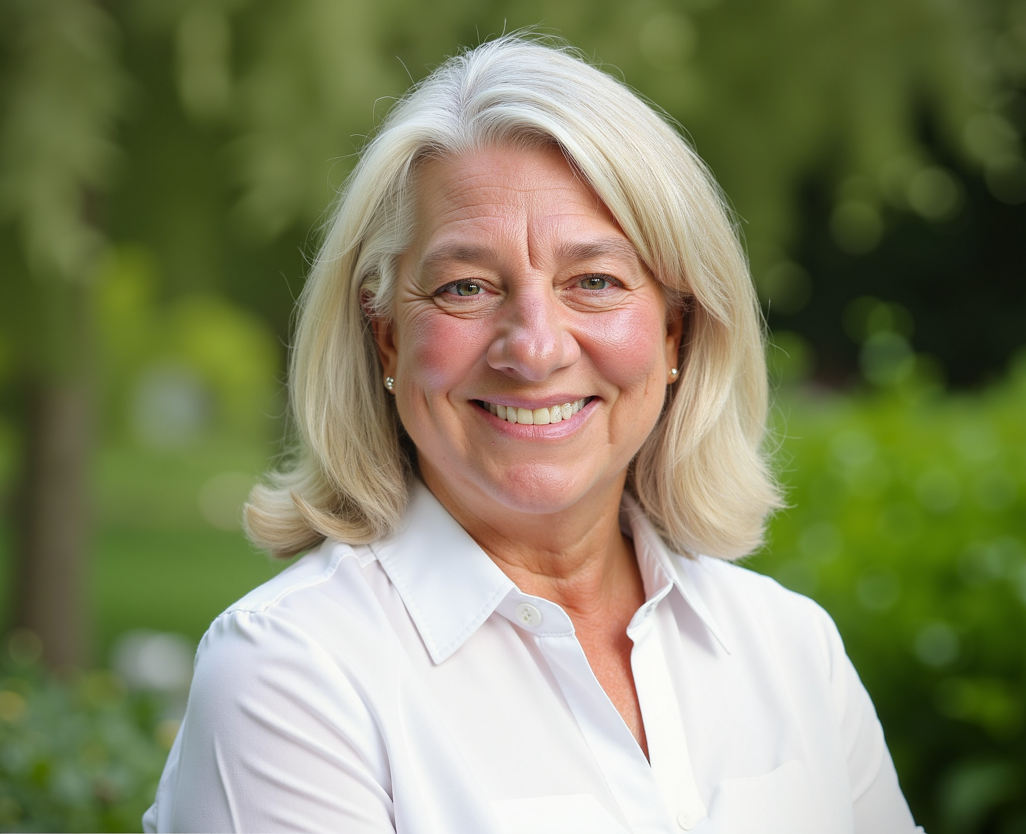 Woman wearing a white collared dress shirt, with shoulder length blonde hair, smiling.