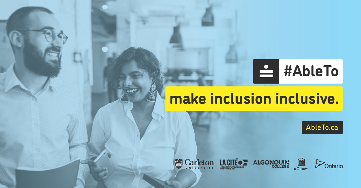 a man and a woman in an office environment chatting with the Able To Logo and the heading